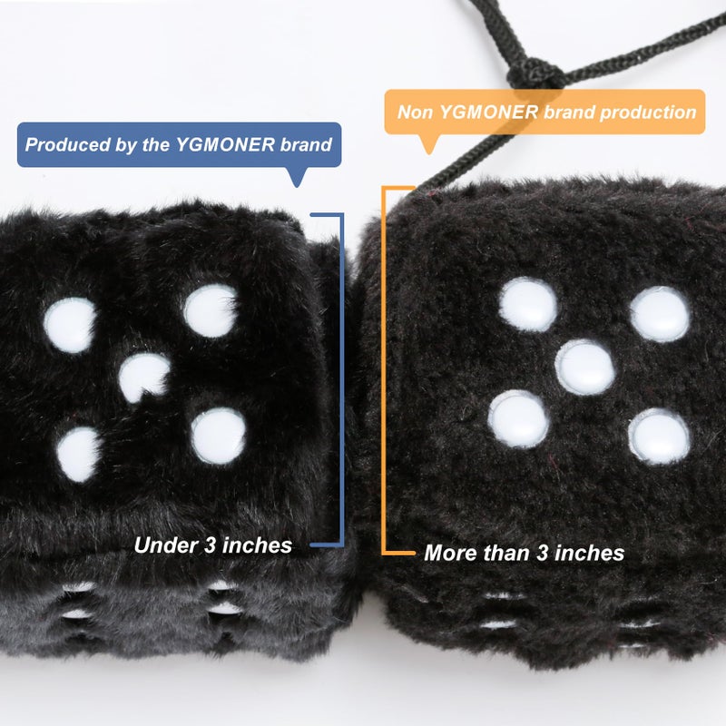 YGMONER Black Fuzzy Dice for Car Rear View Mirror, Pair of 2.75" Plush Dice Retro Hanging Ornaments Car Interior Rearview Mirror Decor Accessories (Black) - Image 2